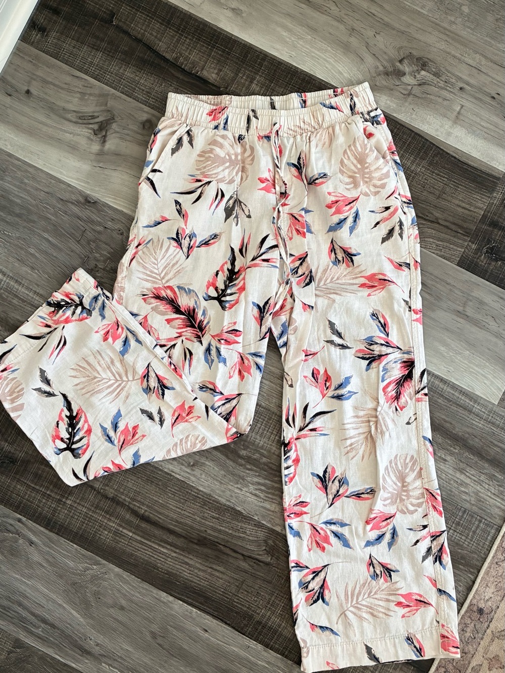 Cream Linen Tropical Floral Lightweight Pants